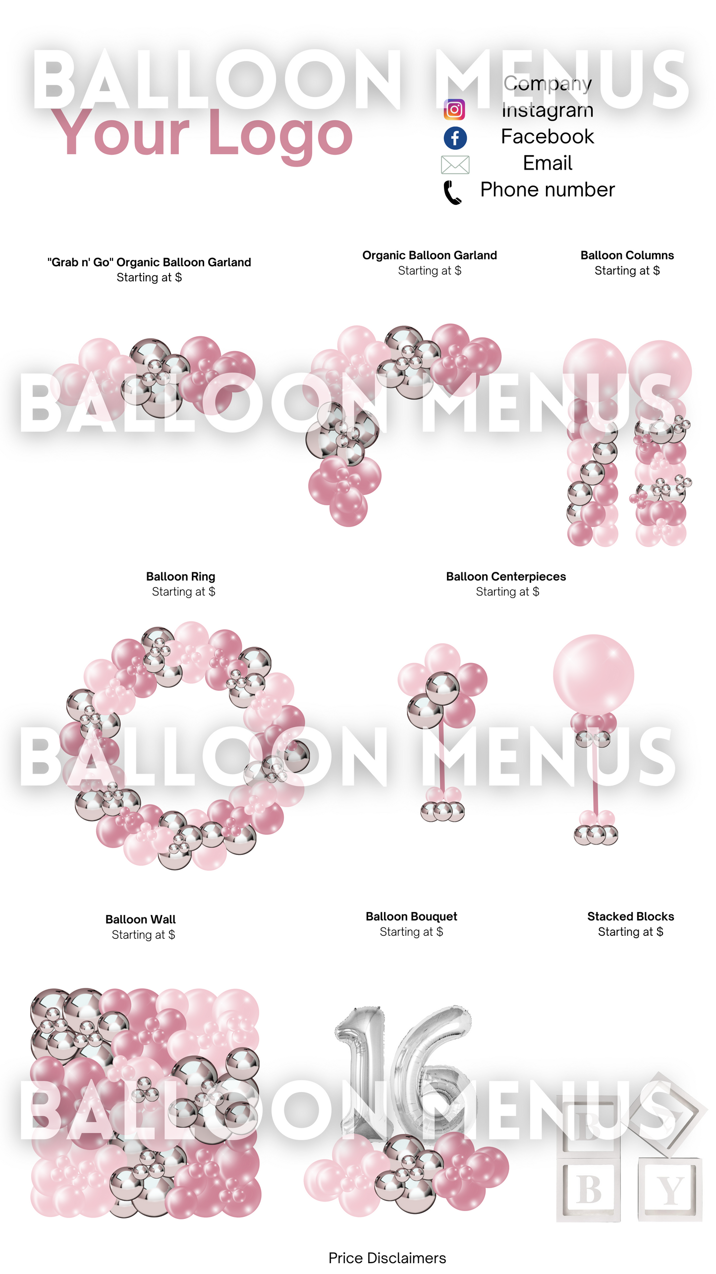 Premade Editable Balloon Menu -Pink ,Blush, Silver