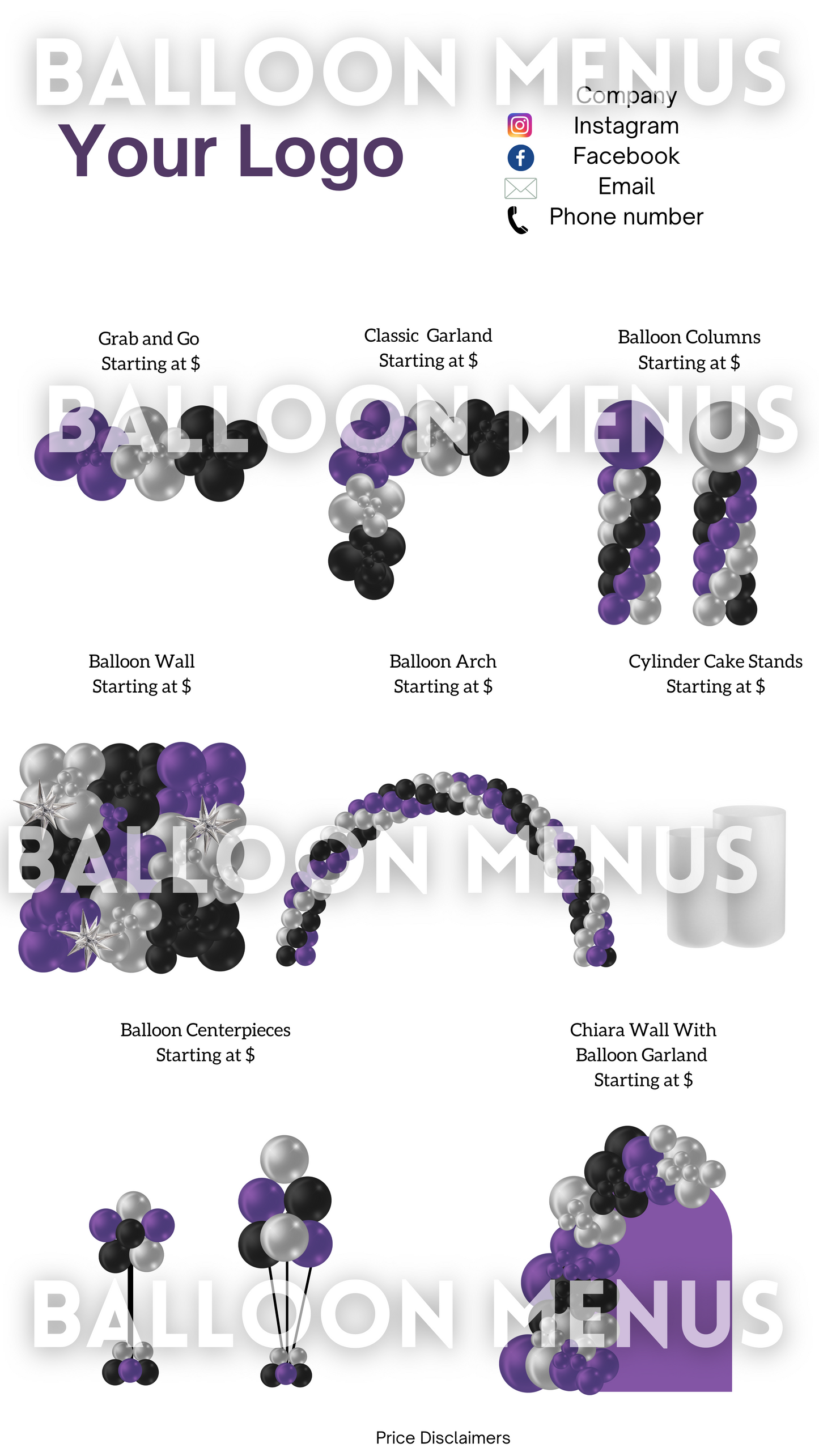 Premade Editable Balloon Menu Template- Purple, Black, Silver