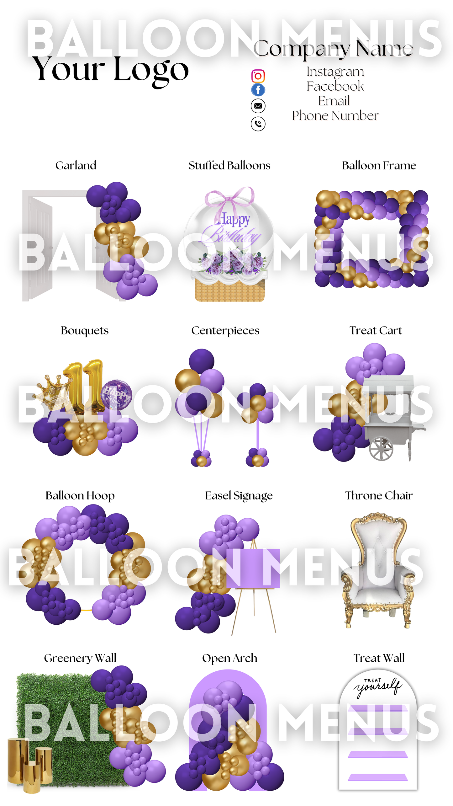 Premade Editable Balloon Menu- ( Purple and Gold )