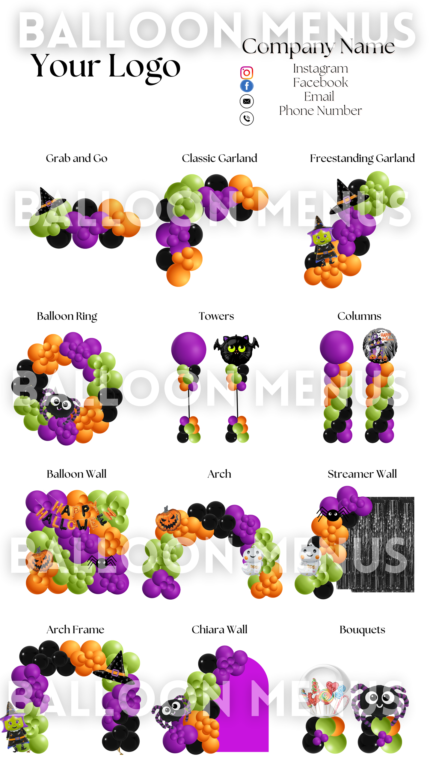 Seasonal Spooky Halloween Balloon Menu Template-Editable (Lime green, Purple, Orange and Black)