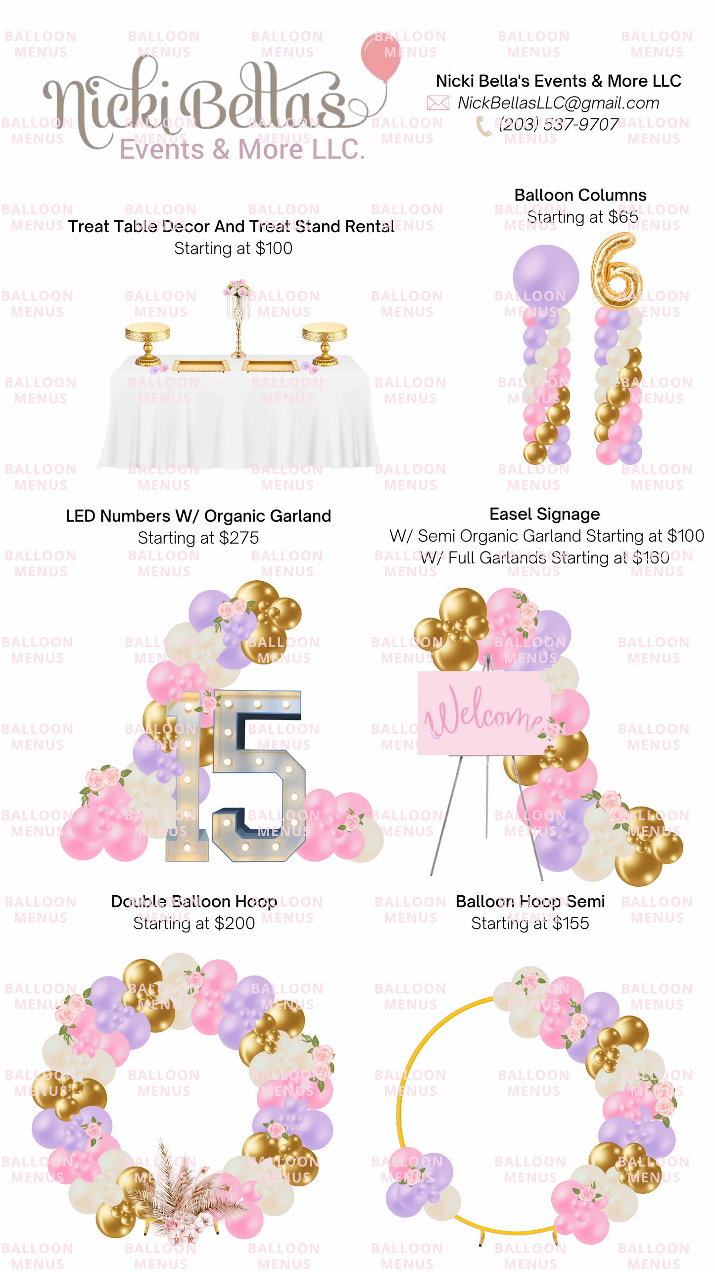 Nicki Bellas Events & More - Client Balloon Menu