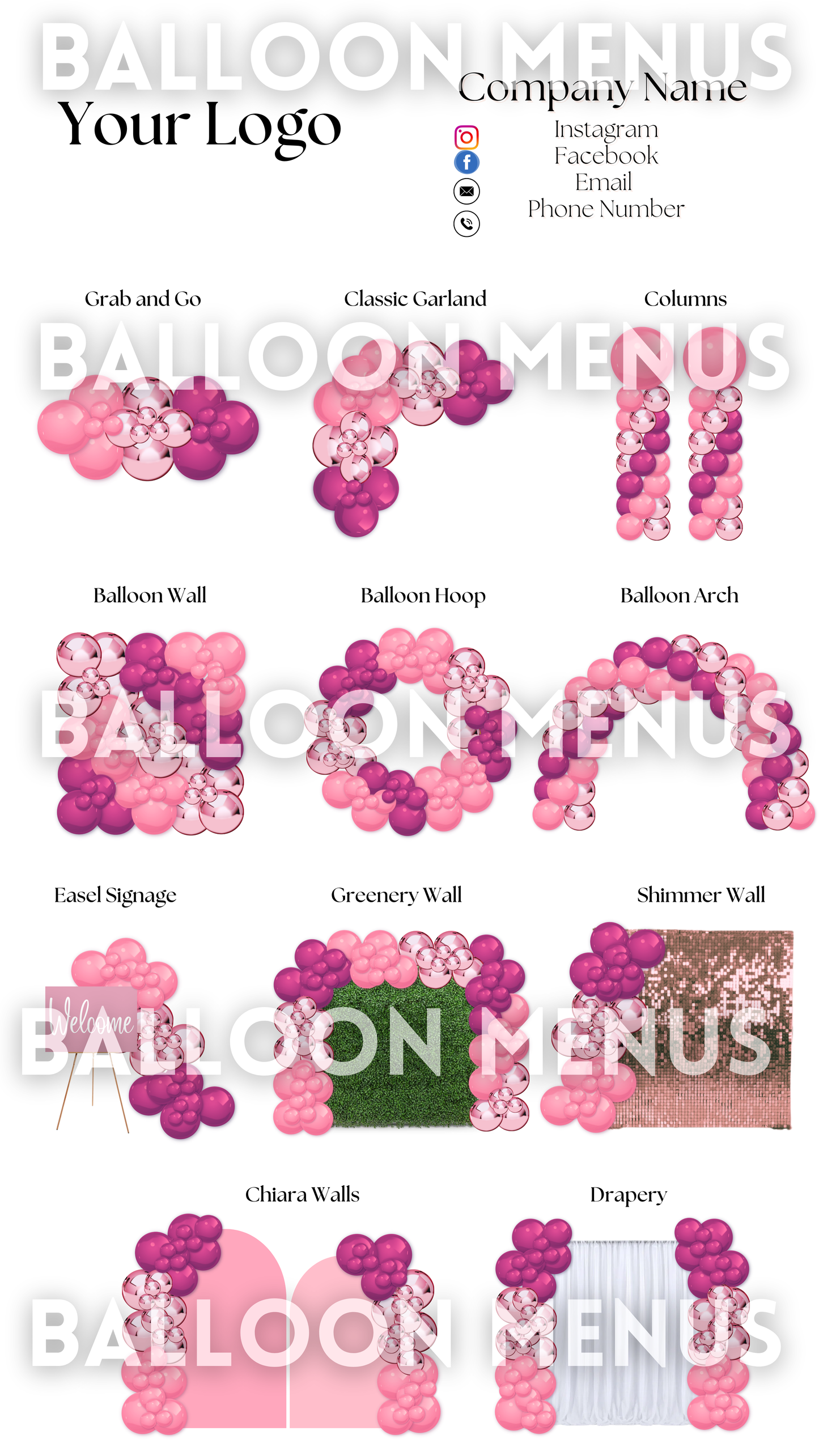 Premade Editable Large Balloon Menu- (Pink, Rose Gold )