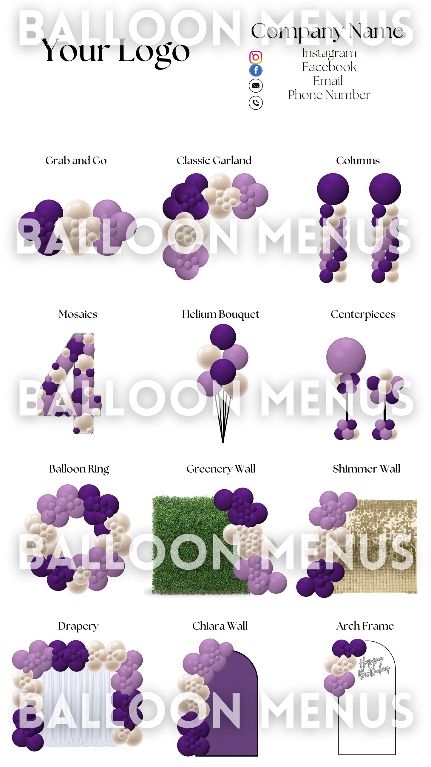 Premade Editable Large Balloon Menu- (Purple , Beige)