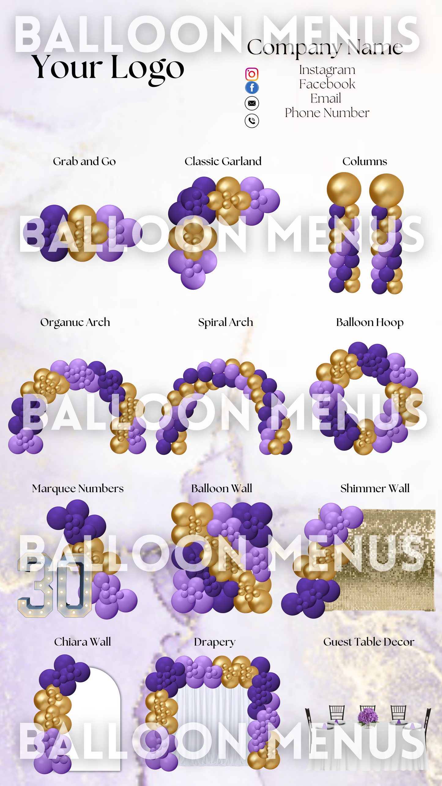 Premade Editable Balloon Menu- ( Purple and Gold )