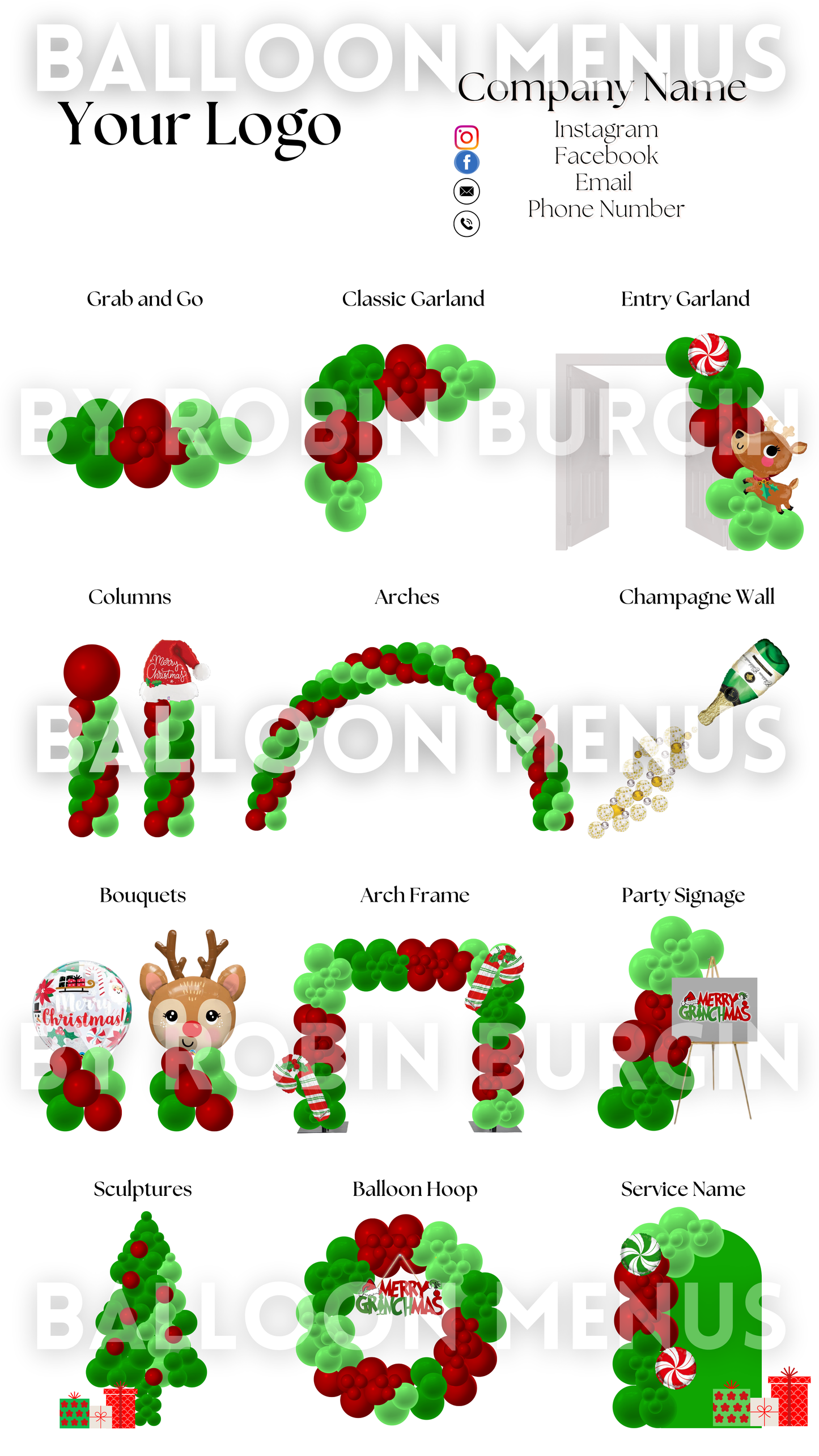 Christmas Editable Premade Large Balloon Menu (Green, Red)
