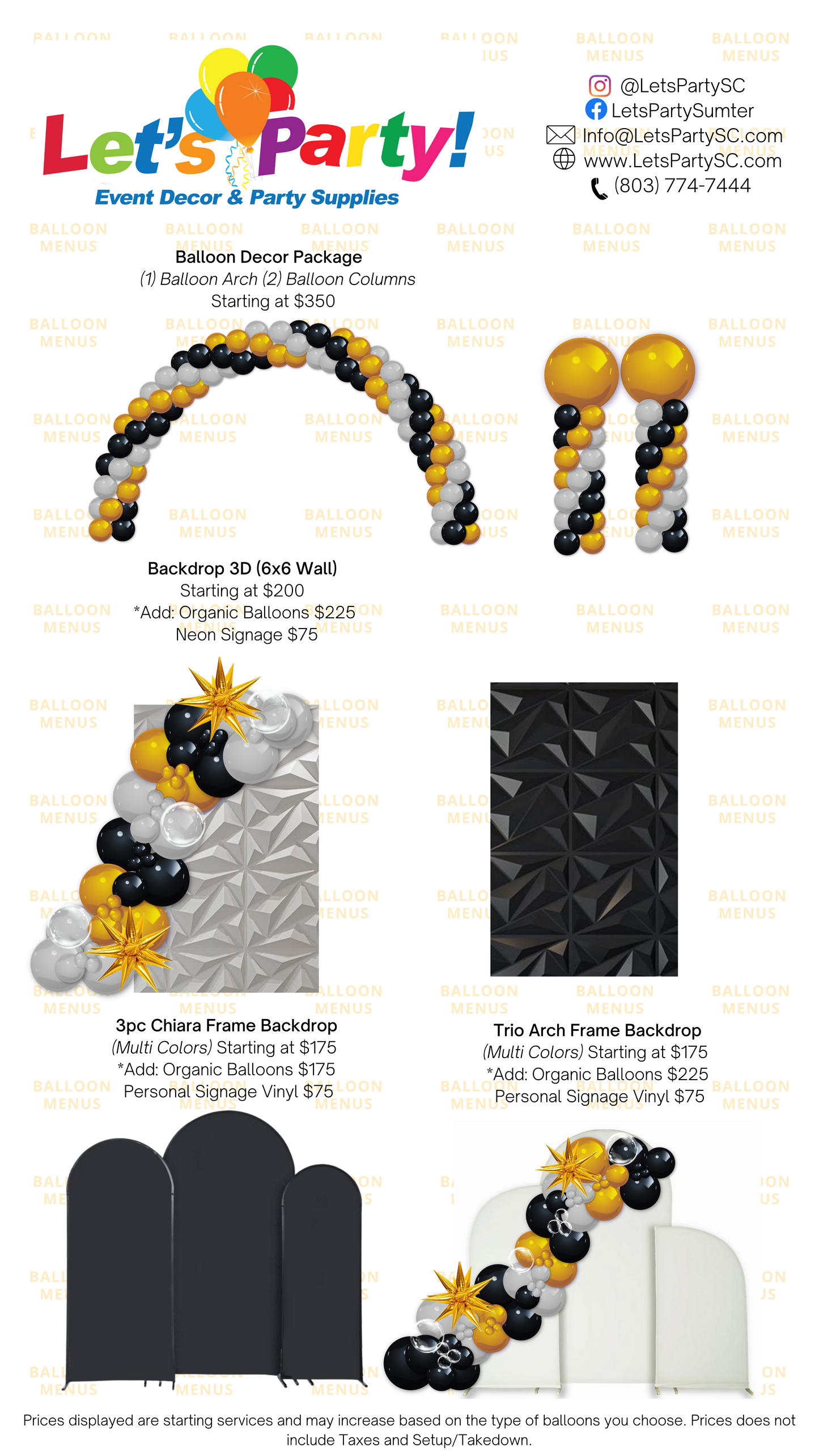 Let’s Party Event Decor & Party Supplies - Client Balloon Menu