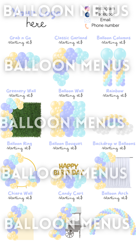 Editable , Printable , Shareable Balloon Menu Template- Purple, Yellow, Blue