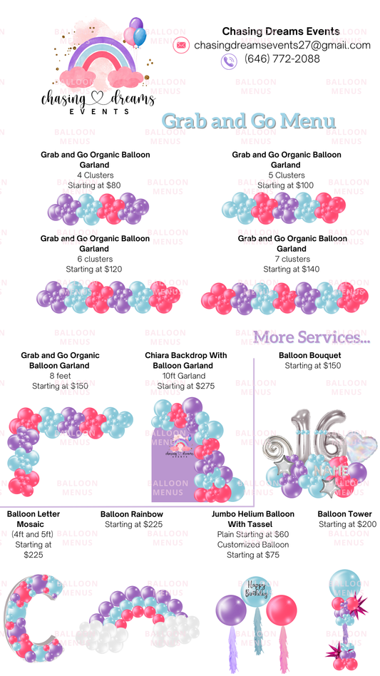 Chasing Dreams Events- Client Balloon Menu