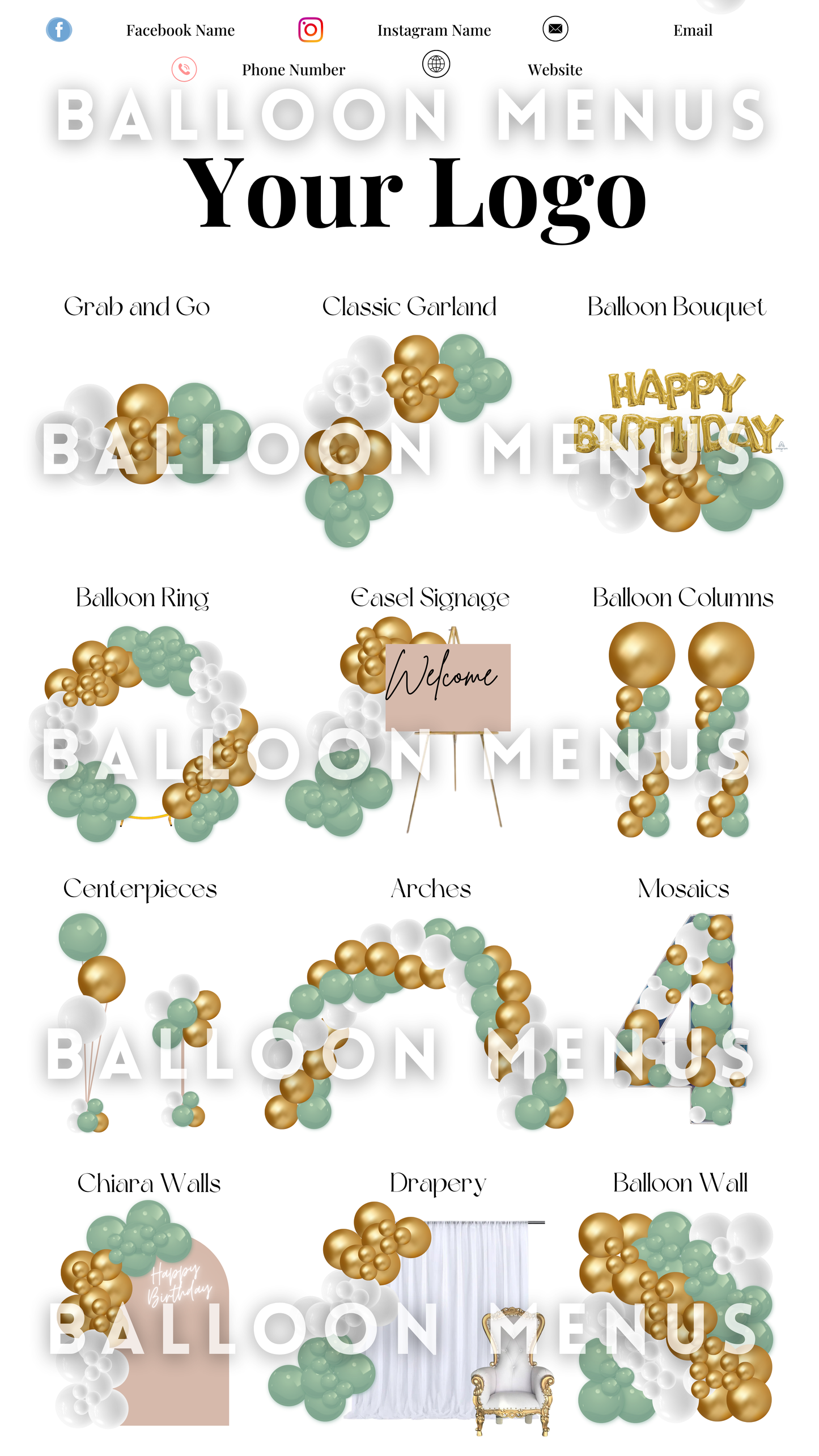 Premade Editable large Balloon Menu (White,Green, Gold )