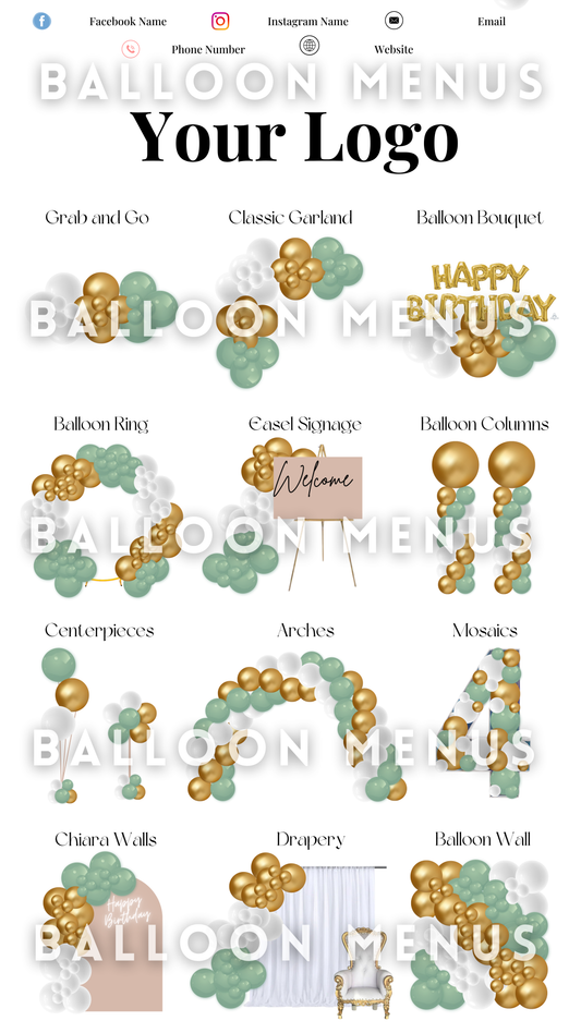 Premade Editable large Balloon Menu (White,Green, Gold )