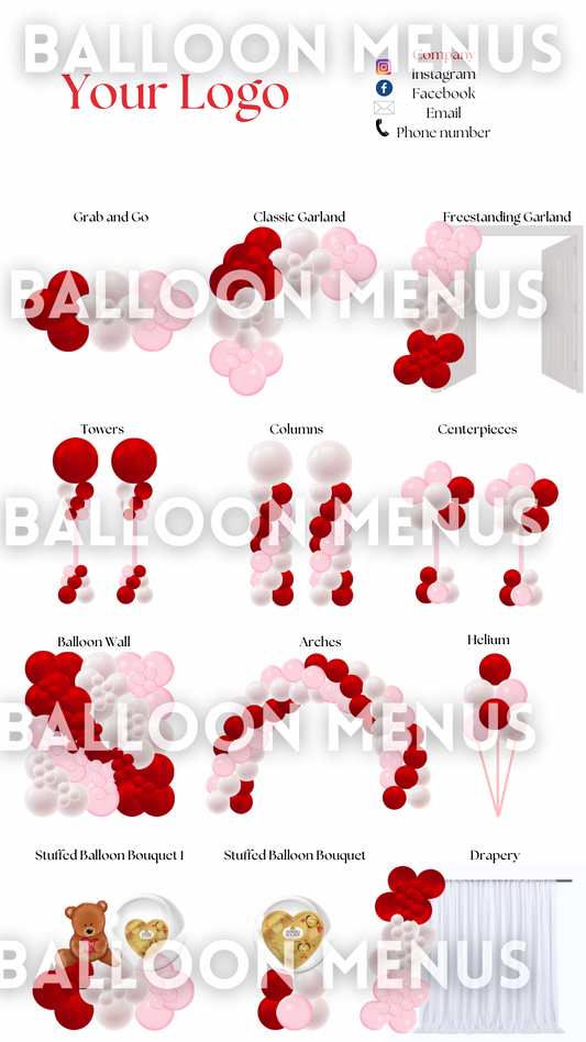 Valentine’s Day Seasonal Premade Editable Balloon Menu (Pink, White , Red)
