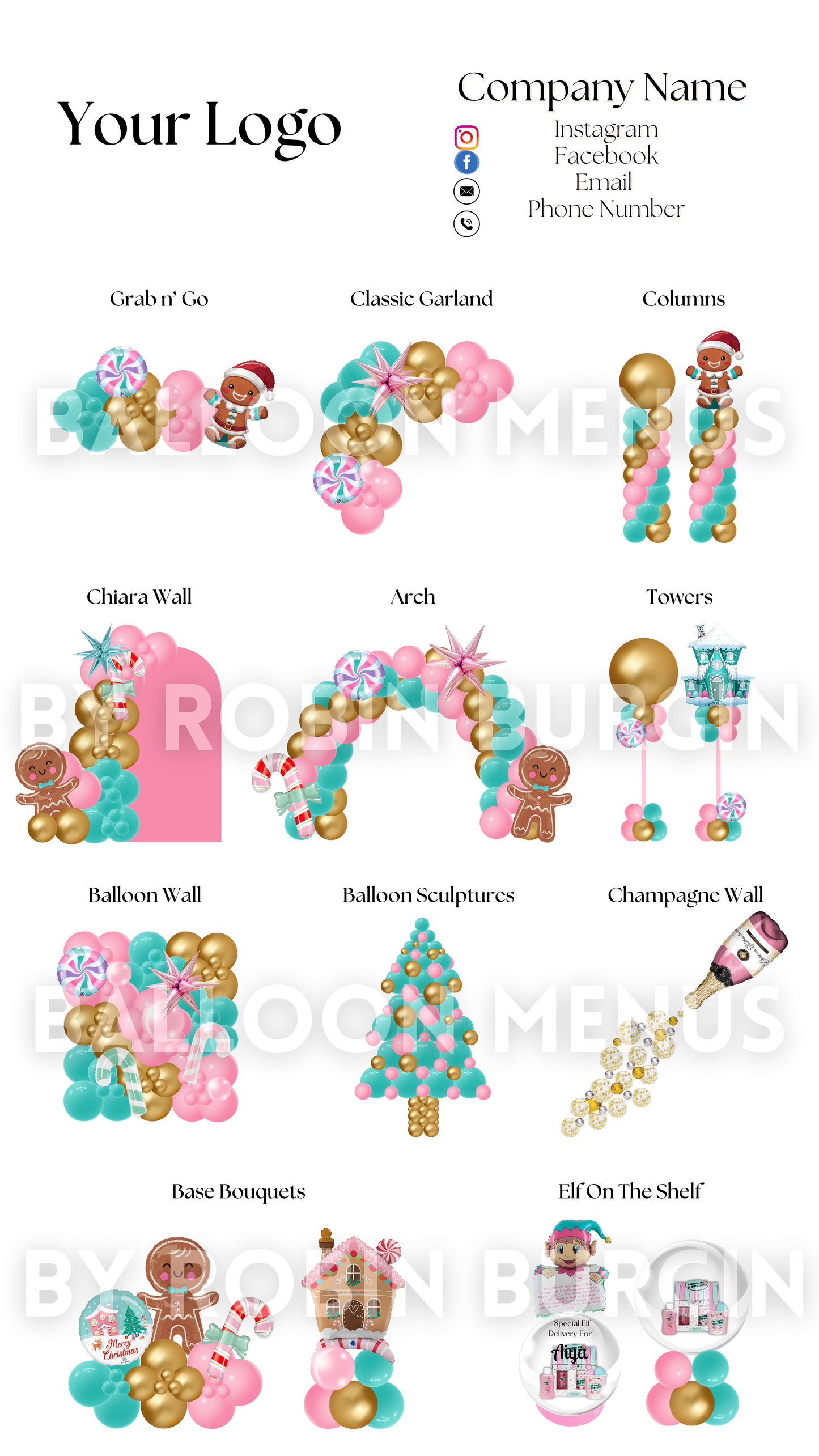 Christmas Editable Premade Large Balloon Menu (Mint Green, Pink and Gold)