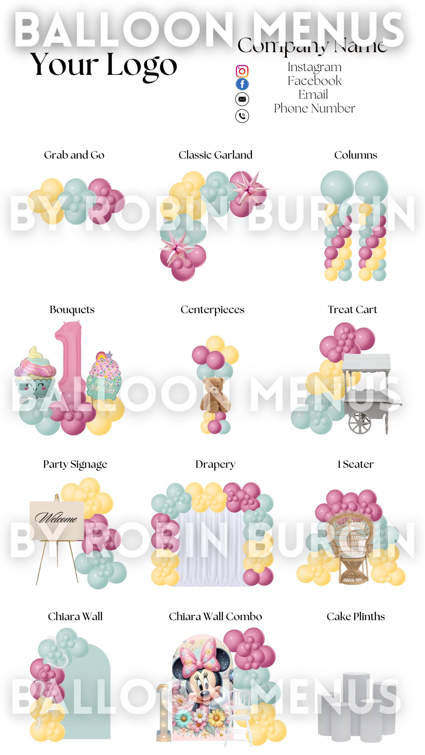 Premade Editable Large Balloon Menu (Yellow, Green, Purple)