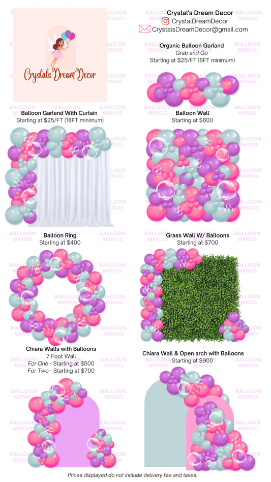 Crystal’s Dream Decor- Client Balloon Menu