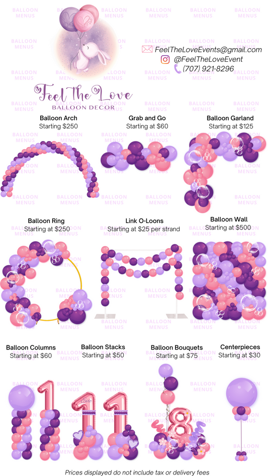 Feel The Love Balloon Decor - Client Balloon Menu