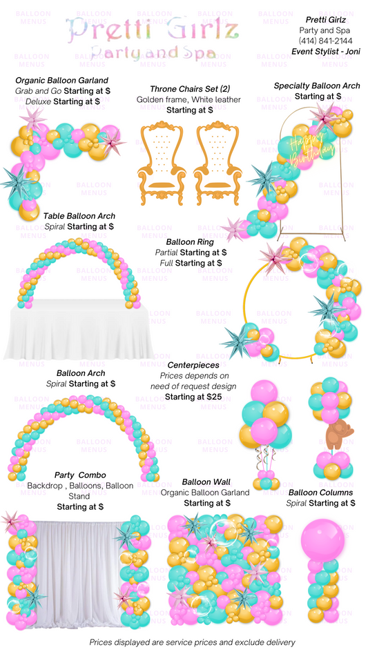 Pretty Girlz Party & Spa - Client Balloon Menu