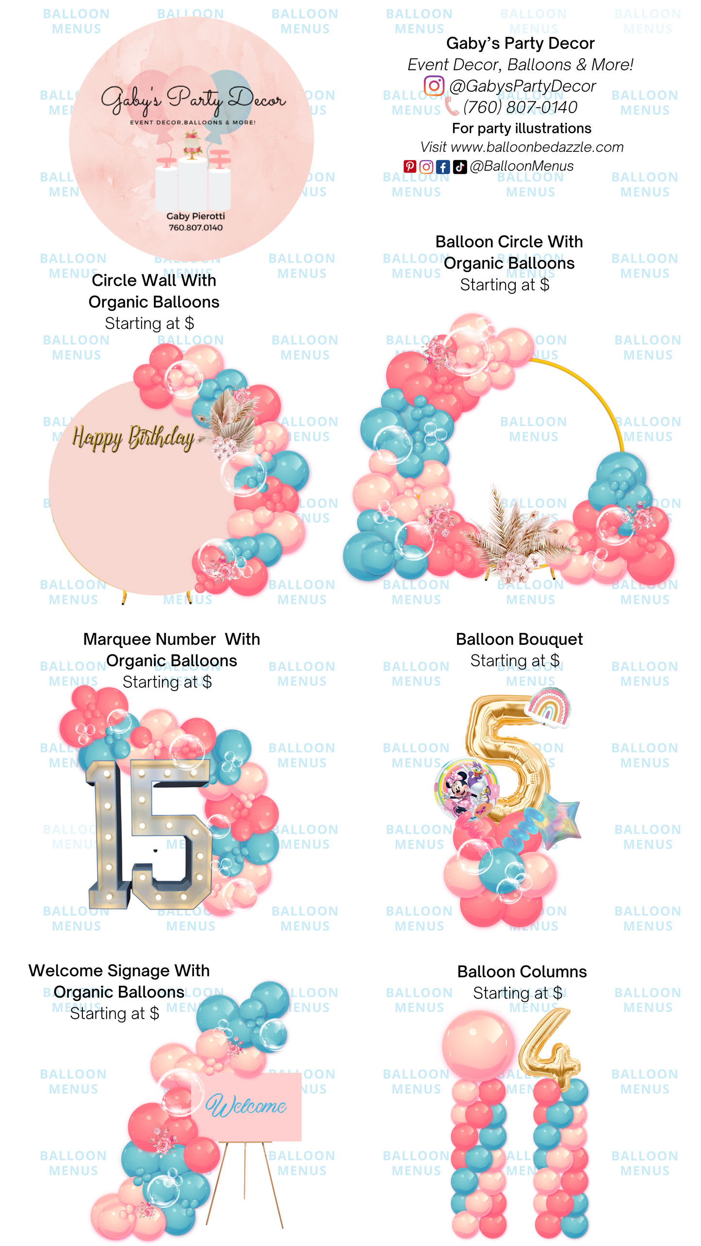 Gaby’s Party Decor - Client Balloon Menu